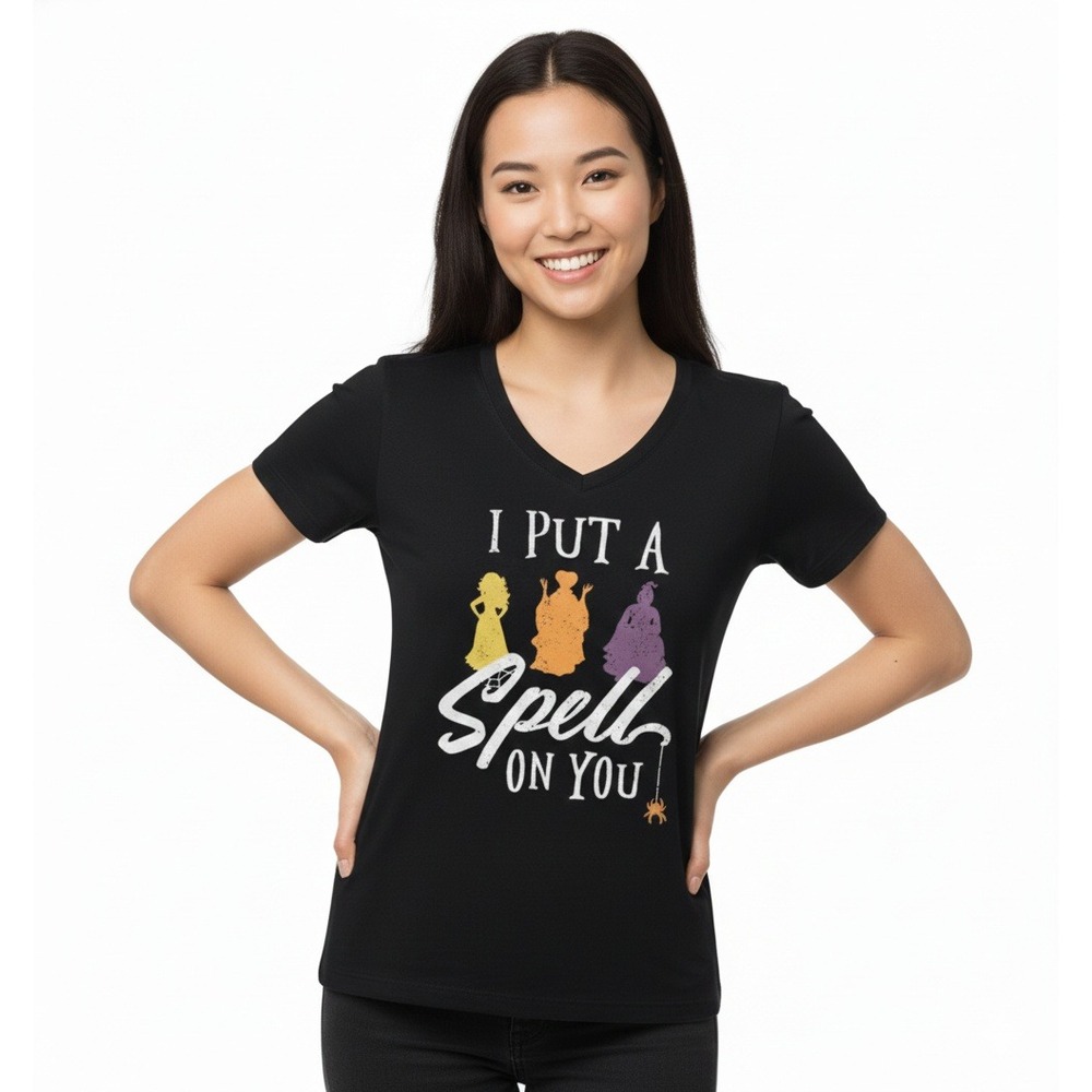 Disney Hocus Pocus T-Shirt Womens Medium Black I Put A‎ Spell On You V-Neck Tee